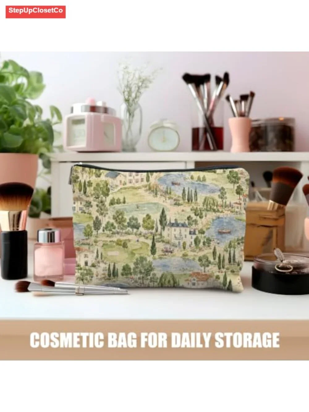 Vintage Garden Linen Cosmetic Bag Makeup Toiletry Travel Pouch Zipper